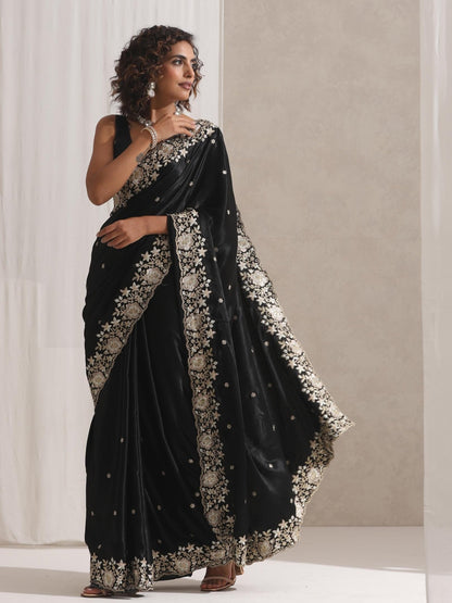 Dhiyona ST Black Onyx Posh Velvety Saree with Embroidery and Blouse Fabric