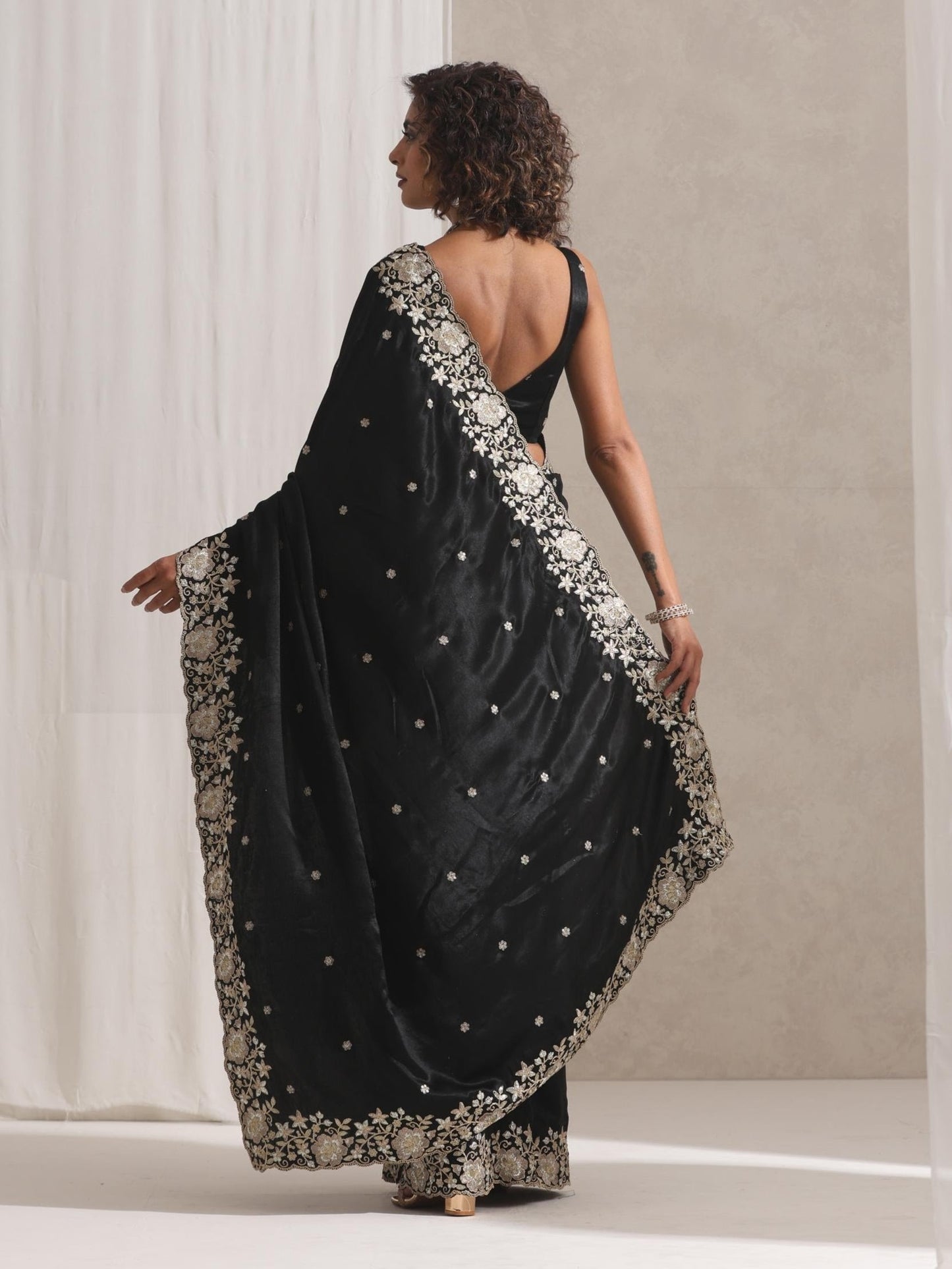 Dhiyona ST Black Onyx Posh Velvety Saree with Embroidery and Blouse Fabric