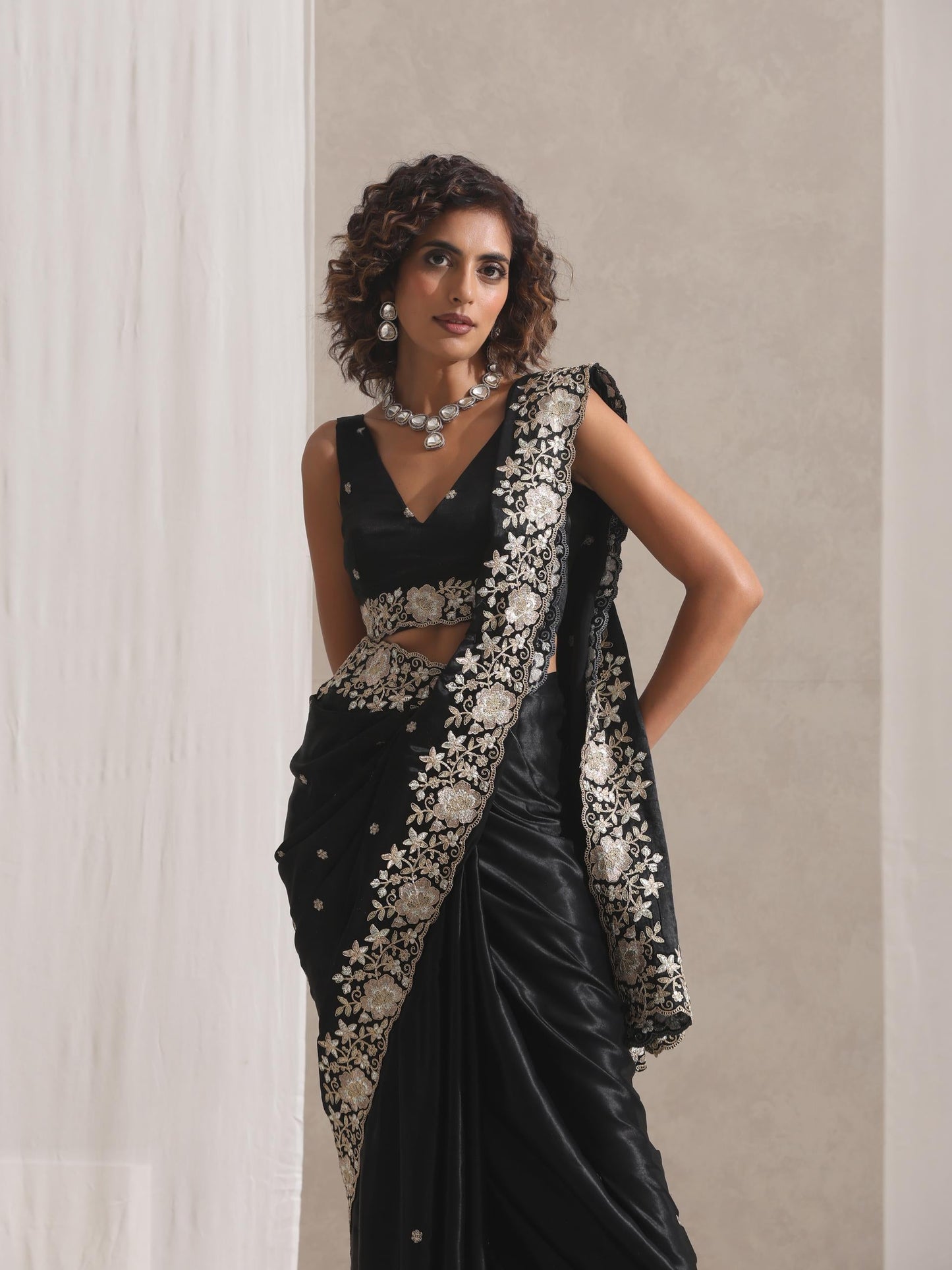 Dhiyona ST Black Onyx Posh Velvety Saree with Embroidery and Blouse Fabric