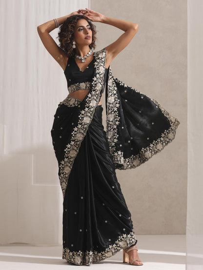 Dhiyona ST Black Onyx Posh Velvety Saree with Embroidery and Blouse Fabric