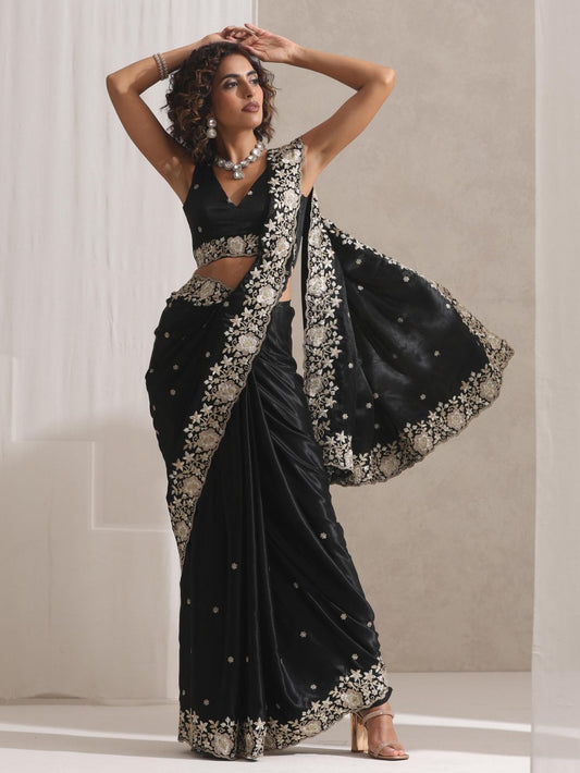 Dhiyona ST Black Onyx Posh Velvety Saree with Embroidery and Blouse Fabric