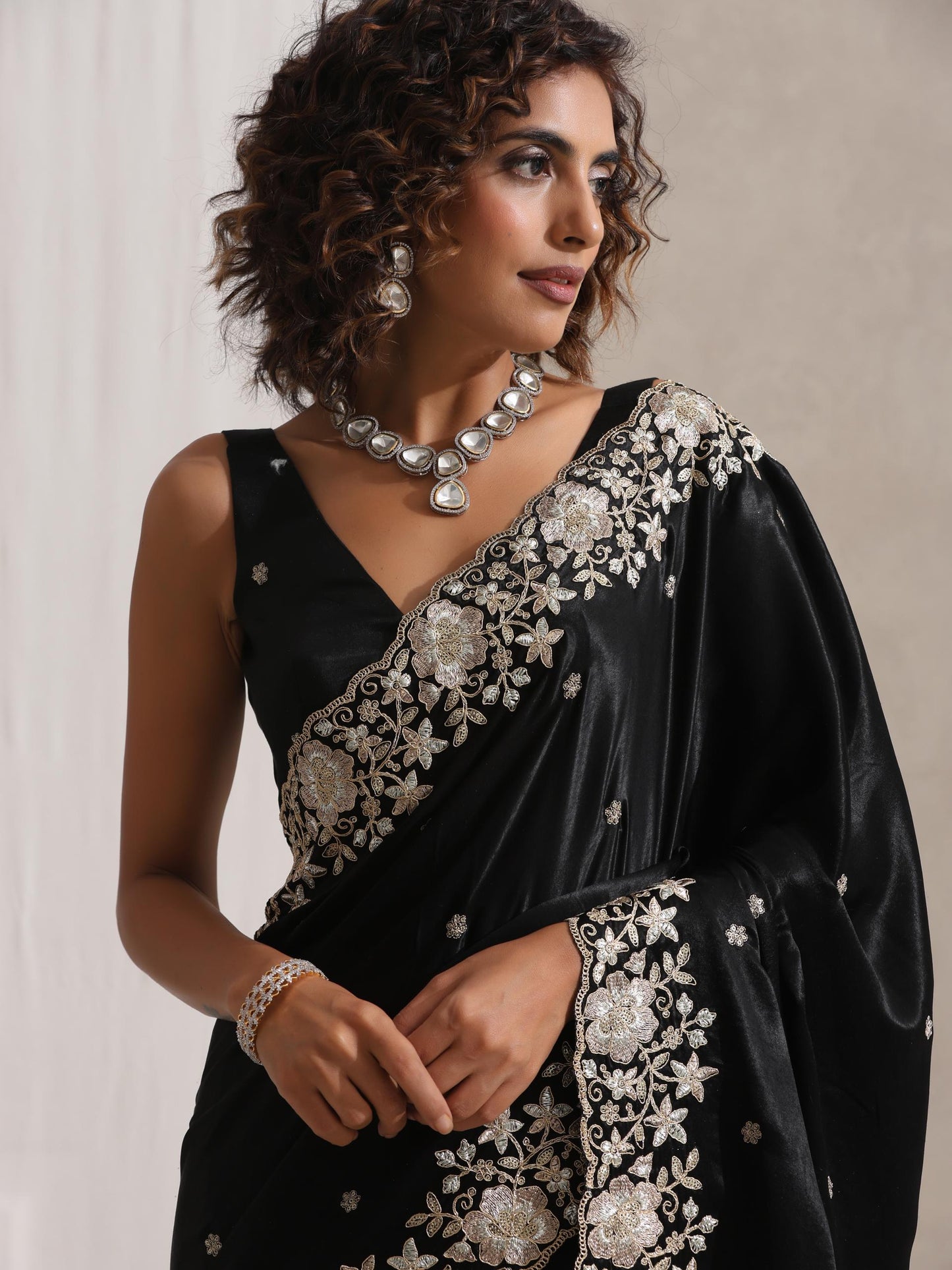 Dhiyona ST Black Onyx Posh Velvety Saree with Embroidery and Blouse Fabric