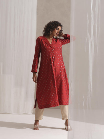 Dhiyona ST Women's Rust Varanasi Silk Woven Collar Kurta with Cream Pant 2 Piece Set | Straight Fit, Collar Neck, Full Sleeves, Pants, Workwear, (Varanasi Silk)