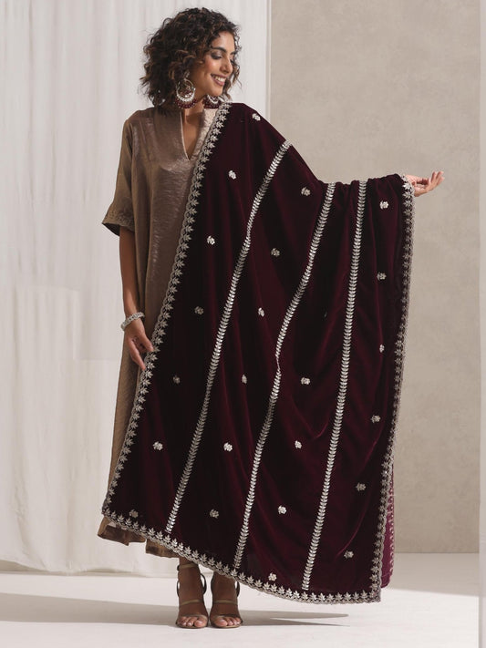 Dhiyona ST Hand Beaded Stripes Wine Shawl