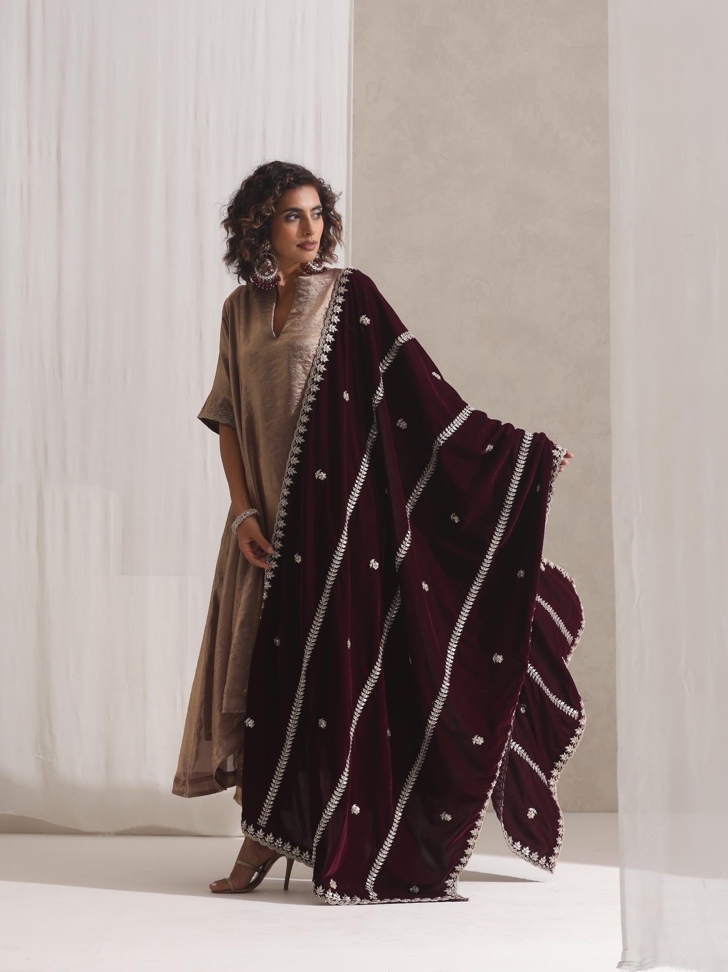 Dhiyona ST Hand Beaded Stripes Wine Shawl