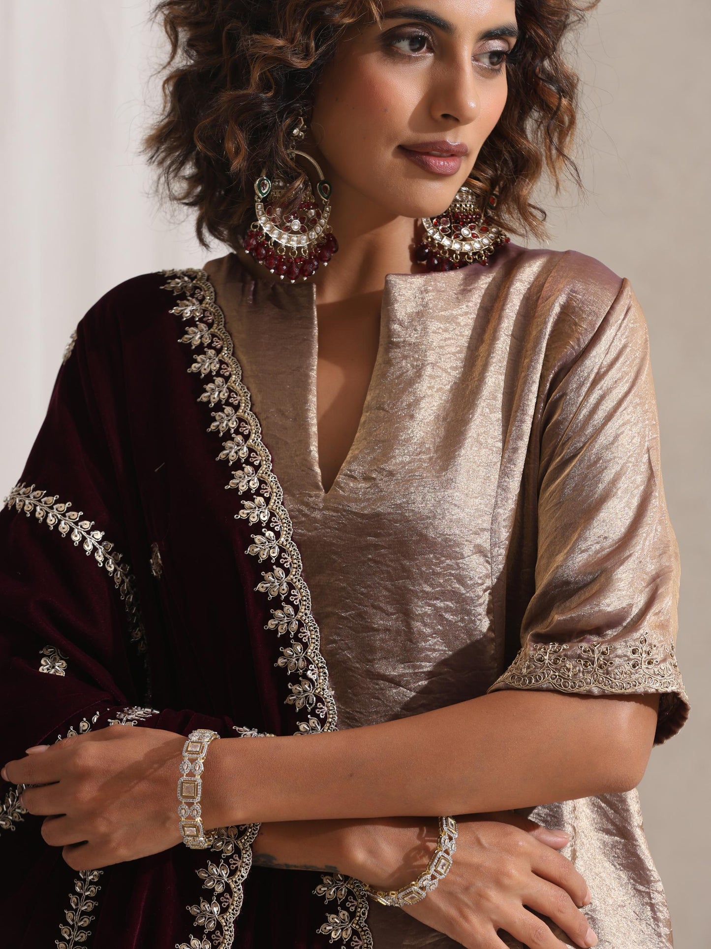 Dhiyona ST Hand Beaded Stripes Wine Shawl