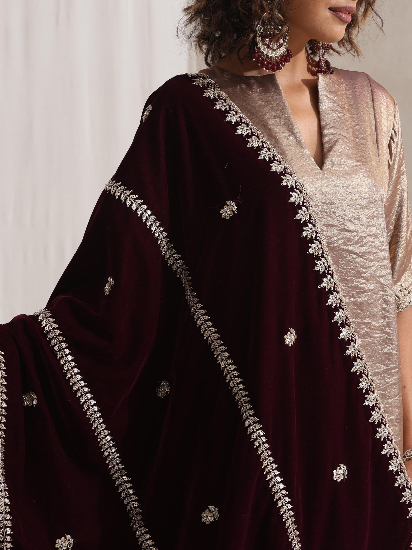 Dhiyona ST Hand Beaded Stripes Wine Shawl
