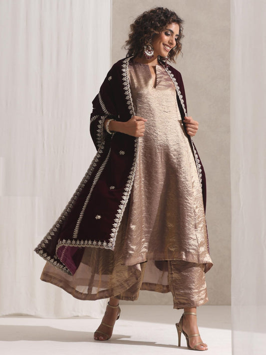 Dhiyona ST Women's Gold Metallic Satin Kurta with Embroidery and Pants 2 Piece Set | A-Line, Round Neck, 3/4 Sleeves, Partywear, (Metallic Satin)