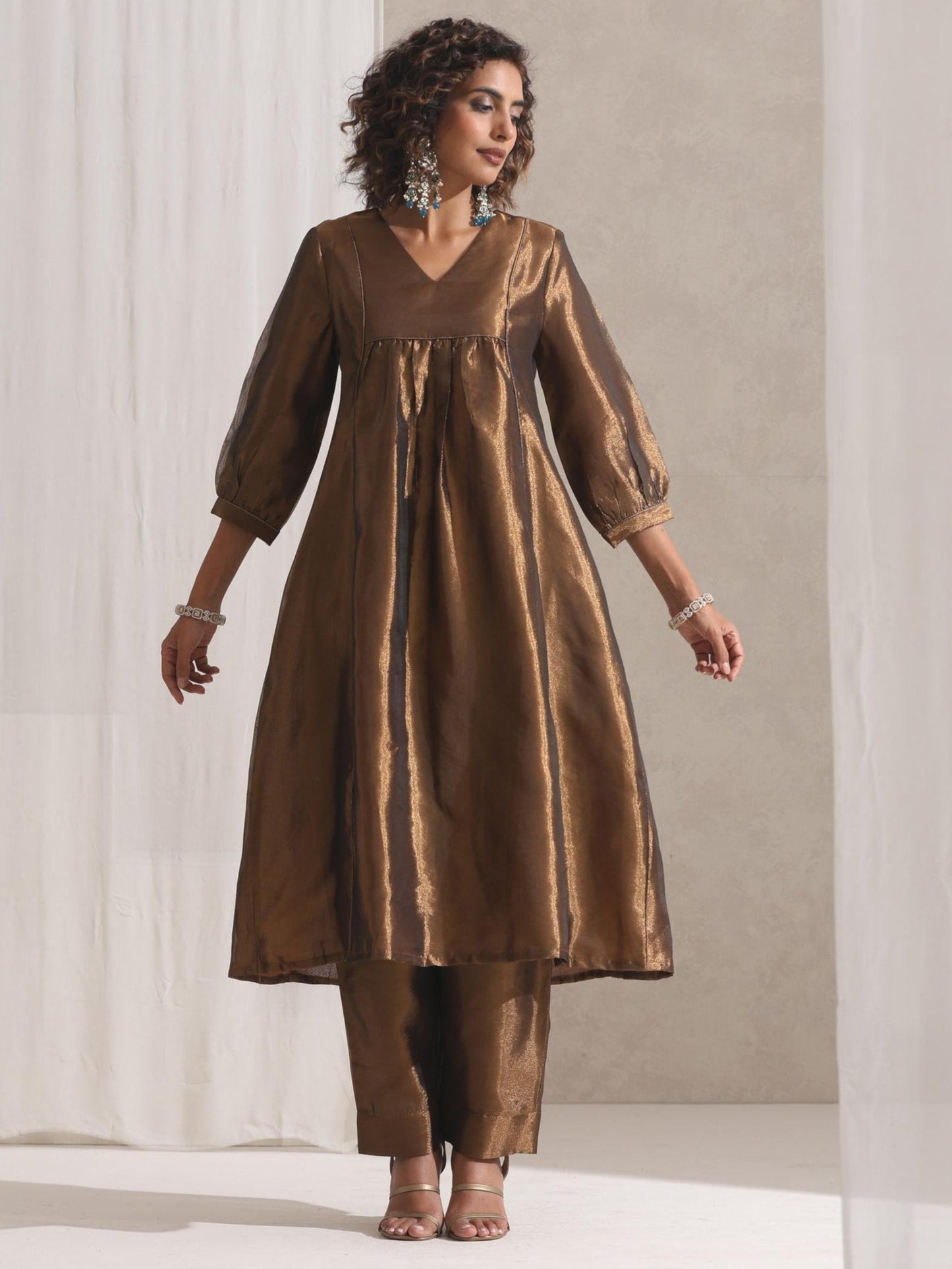 Dhiyona ST Women's Burnt Topaz Banarasi Tissue Kurta with Pyjama 2 Piece Set | Straight Fit, V Neck, 3/4 Sleeves, Festive Wear, (Banarasi Tissue)