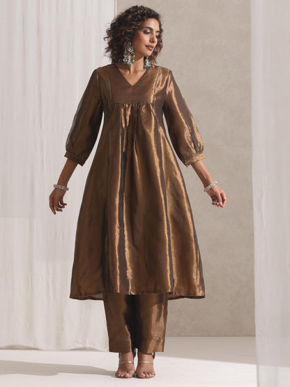 Dhiyona ST Women's Burnt Topaz Banarasi Tissue Kurta with Pyjama 2 Piece Set | Straight Fit, V Neck, 3/4 Sleeves, Festive Wear, (Banarasi Tissue)