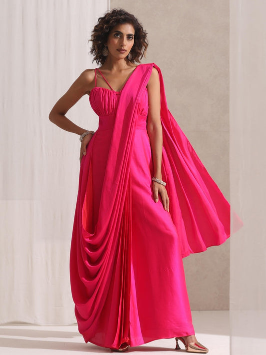 Dhiyona ST All is Well - Dress Saree with Adjustable Straps in Fuschia Satin