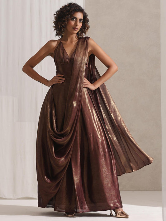 Dhiyona ST Dripping in Chocolate- Halter Dress Saree with Adjustable Waist in Chocolate Gold Chiffon