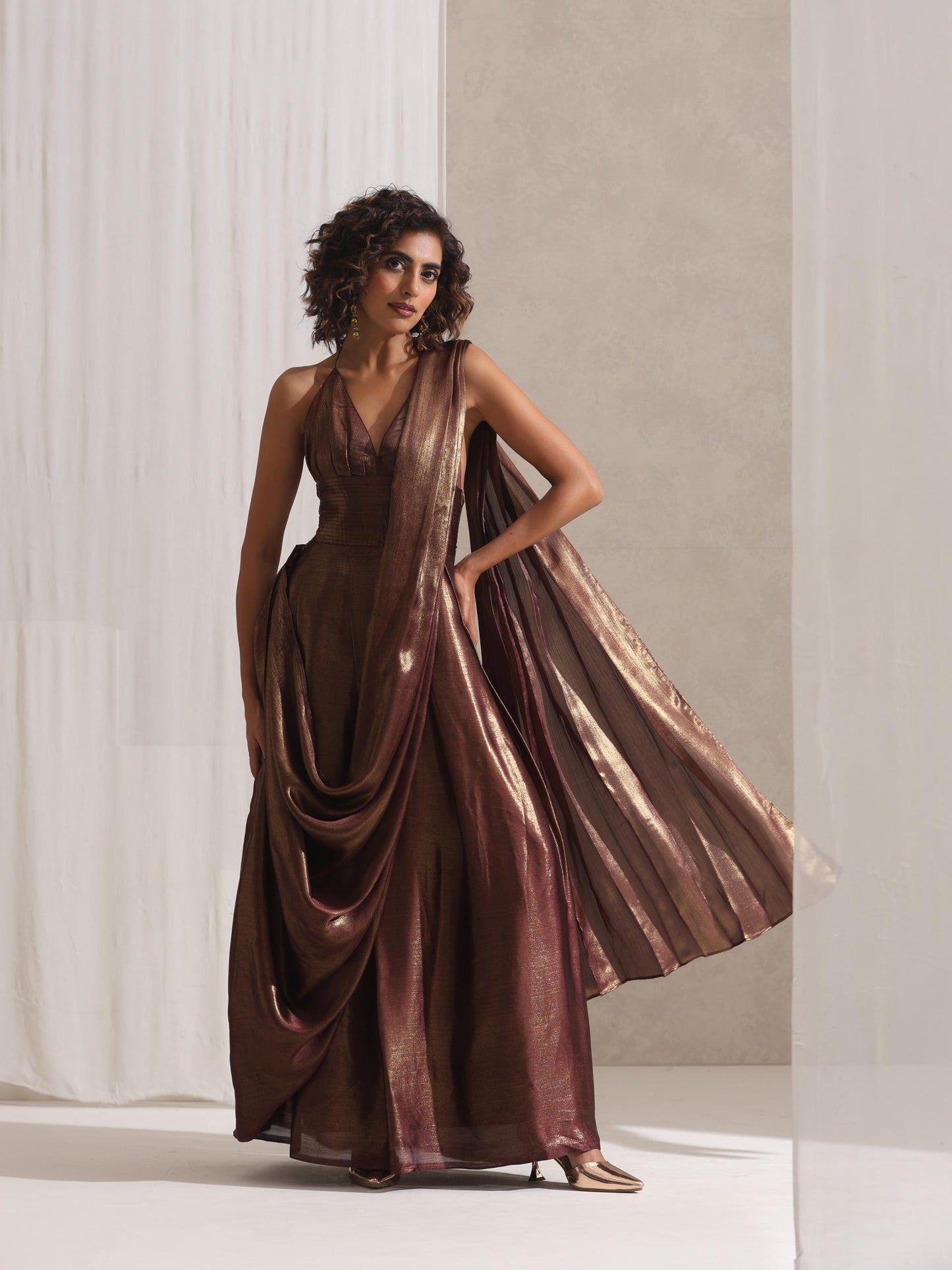 Dhiyona ST Dripping in Chocolate- Halter Dress Saree with Adjustable Waist in Chocolate Gold Chiffon