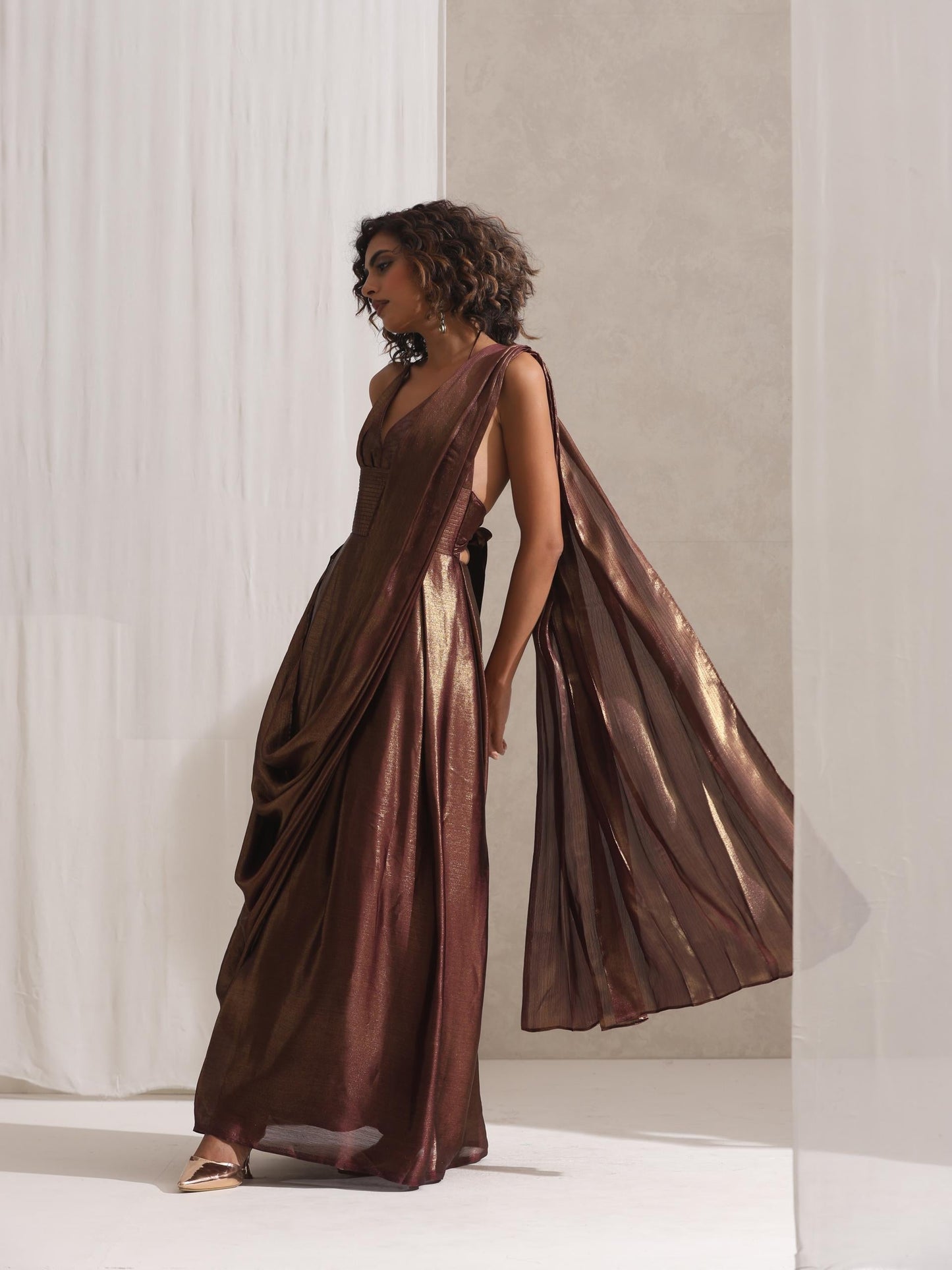 Dhiyona ST Dripping in Chocolate- Halter Dress Saree with Adjustable Waist in Chocolate Gold Chiffon