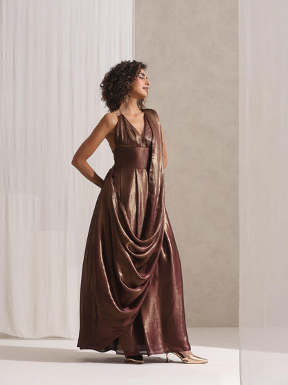 Dhiyona ST Dripping in Chocolate- Halter Dress Saree with Adjustable Waist in Chocolate Gold Chiffon