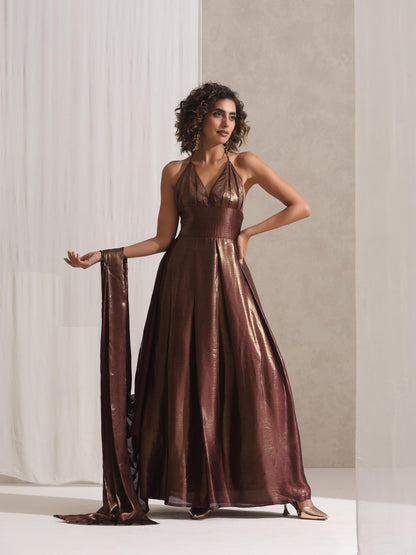 Dhiyona ST Dripping in Chocolate- Halter Dress Saree with Adjustable Waist in Chocolate Gold Chiffon