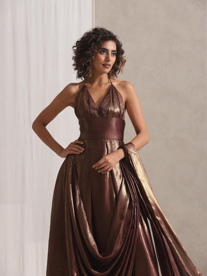 Dhiyona ST Dripping in Chocolate- Halter Dress Saree with Adjustable Waist in Chocolate Gold Chiffon
