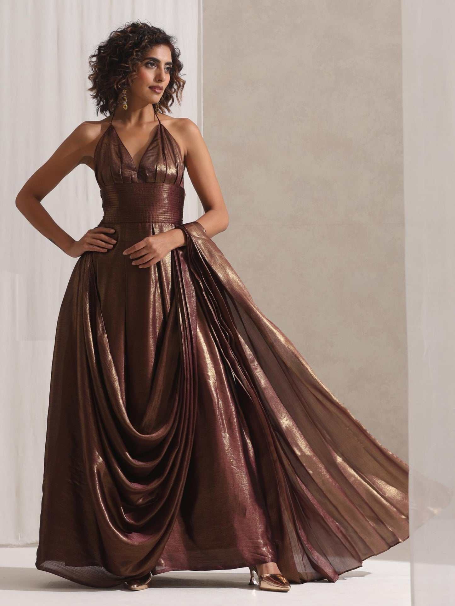 Dhiyona ST Dripping in Chocolate- Halter Dress Saree with Adjustable Waist in Chocolate Gold Chiffon
