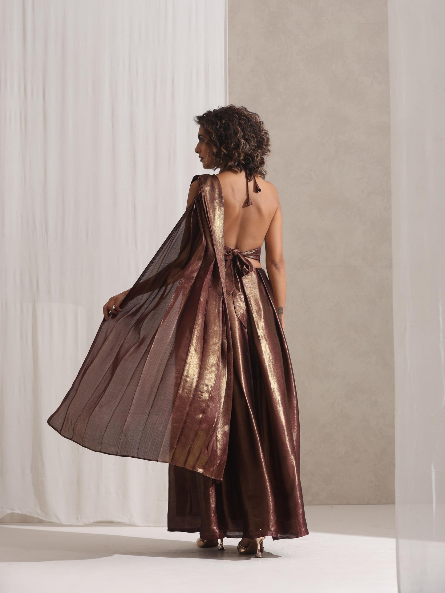 Dhiyona ST Dripping in Chocolate- Halter Dress Saree with Adjustable Waist in Chocolate Gold Chiffon