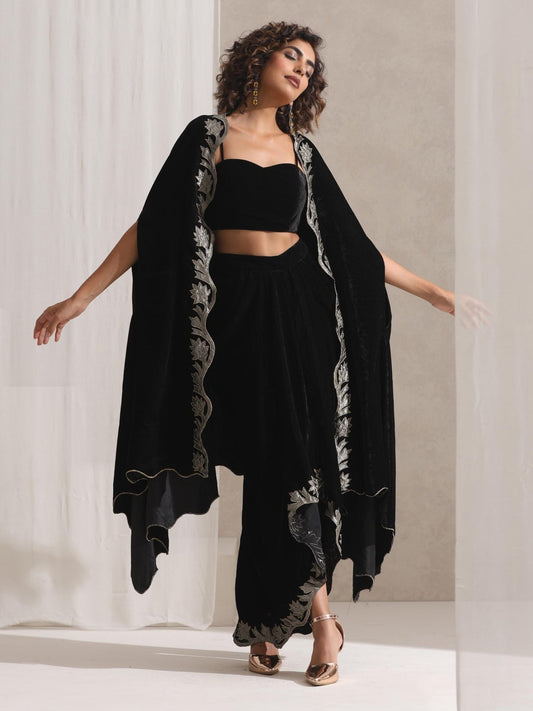 Dhiyona ST Women's Juicy Black Velvet Dhoti and Jacket with Embroidery and Blouse 3 Piece Set | Jacket Style, Round Neck, Full Sleeves, Dhoti, Festive Wear, Party Wear (Velvet)