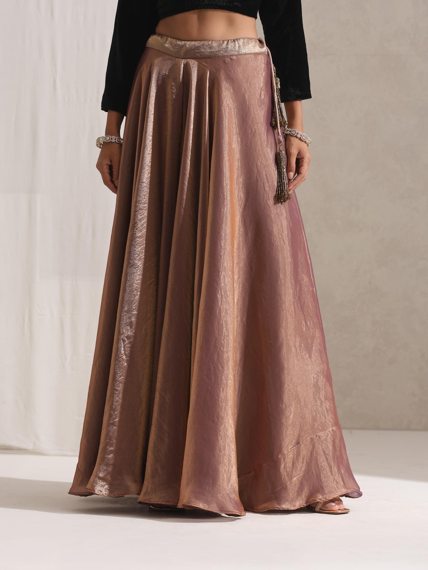 Dhiyona ST Women's Arabian Glamour Gold Metallic Sharara with Velvet Blouse and Beaded Black Shawl 3 Piece Set | Sharara, V Neck, Full Sleeve, Shawl, Festive Wear, (Metallic Velvet)