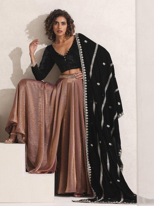 Dhiyona ST Women's Arabian Glamour Gold Metallic Sharara with Velvet Blouse and Beaded Black Shawl 3 Piece Set | Sharara, V Neck, Full Sleeve, Shawl, Festive Wear, (Metallic Velvet)