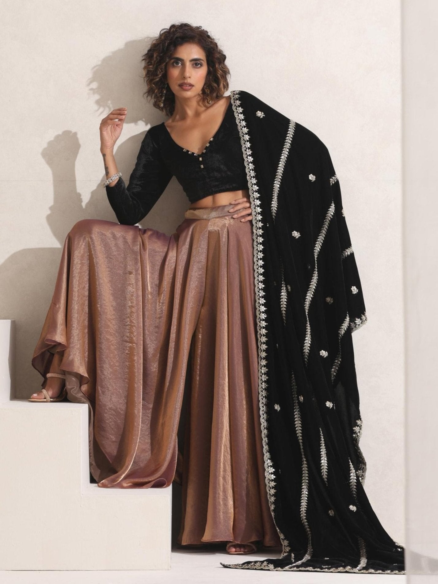 Dhiyona ST Hand Beaded Stripes Black Shawl
