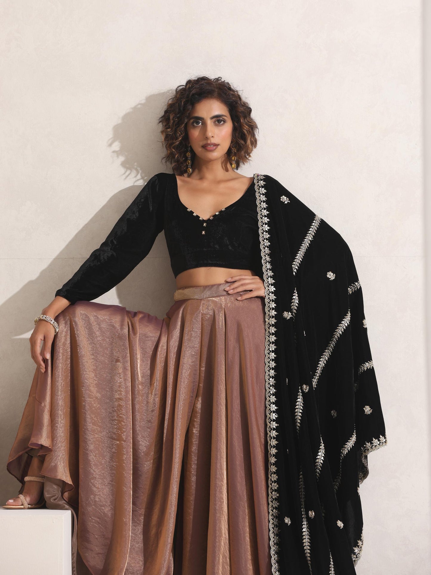 Dhiyona ST Women's Arabian Glamour Gold Metallic Sharara with Velvet Blouse and Beaded Black Shawl 3 Piece Set | Sharara, V Neck, Full Sleeve, Shawl, Festive Wear, (Metallic Velvet)