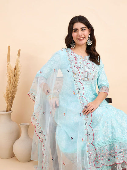Dhiyona AN Floral Printed Notch Neck Pure Cotton Kurta With Sharara & Dupatta