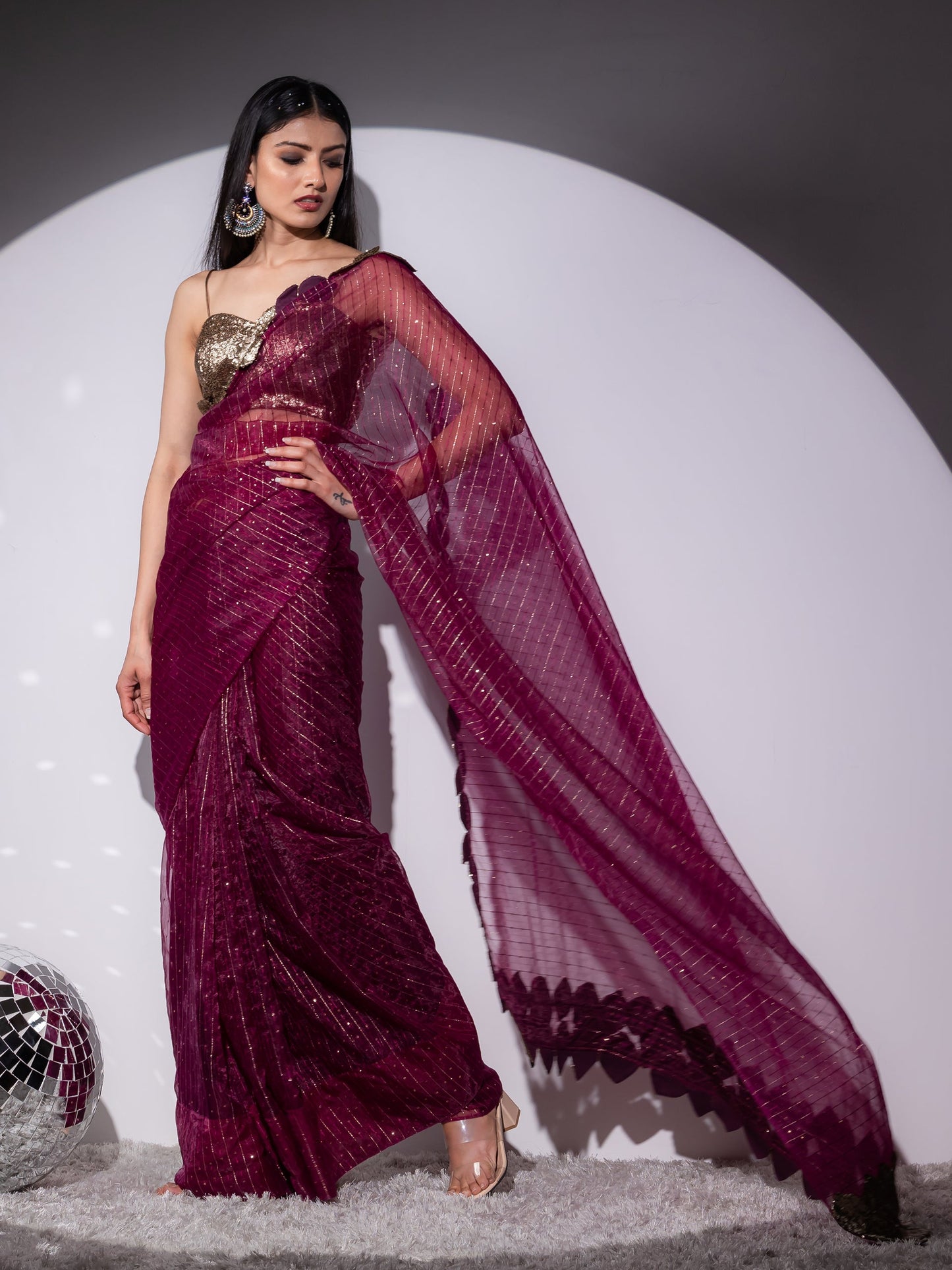 Dhiyona ST Falling leaves Sparkle Wine Saree