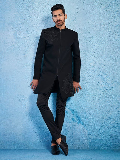 Men's Black Imported Suiting Lycra Straight Sherwani Only Top