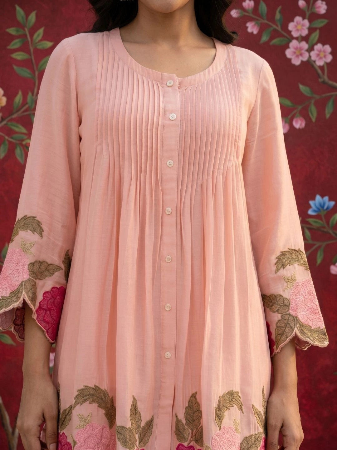 Women Floral Embroidered Pleated Thread Work Pure Silk Kurti with Trousers