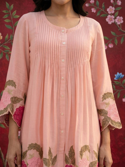 Women Floral Embroidered Pleated Thread Work Pure Silk Kurti with Trousers