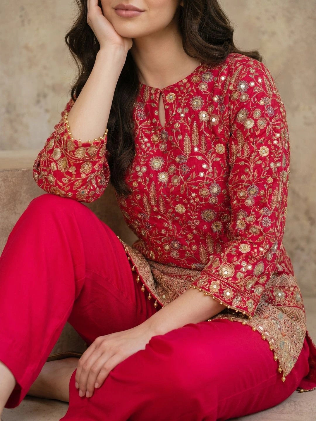 Women Ethnic Motifs Embroidered Regular Mirror Work Silk Crepe Kurti with Trousers