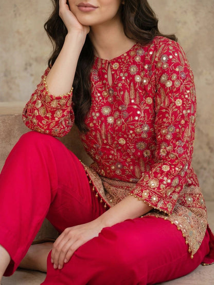 Women Ethnic Motifs Embroidered Regular Mirror Work Silk Crepe Kurti with Trousers