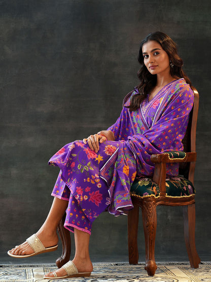 Floral Printed V-Neck Straight Kurta With Trouser & Dupatta