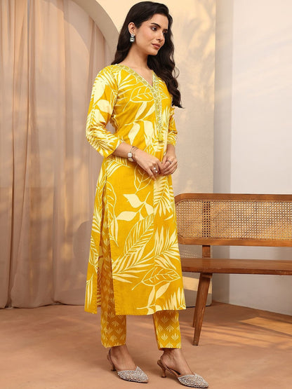 Mustard Floral Printed Cotton Straight Suit Set