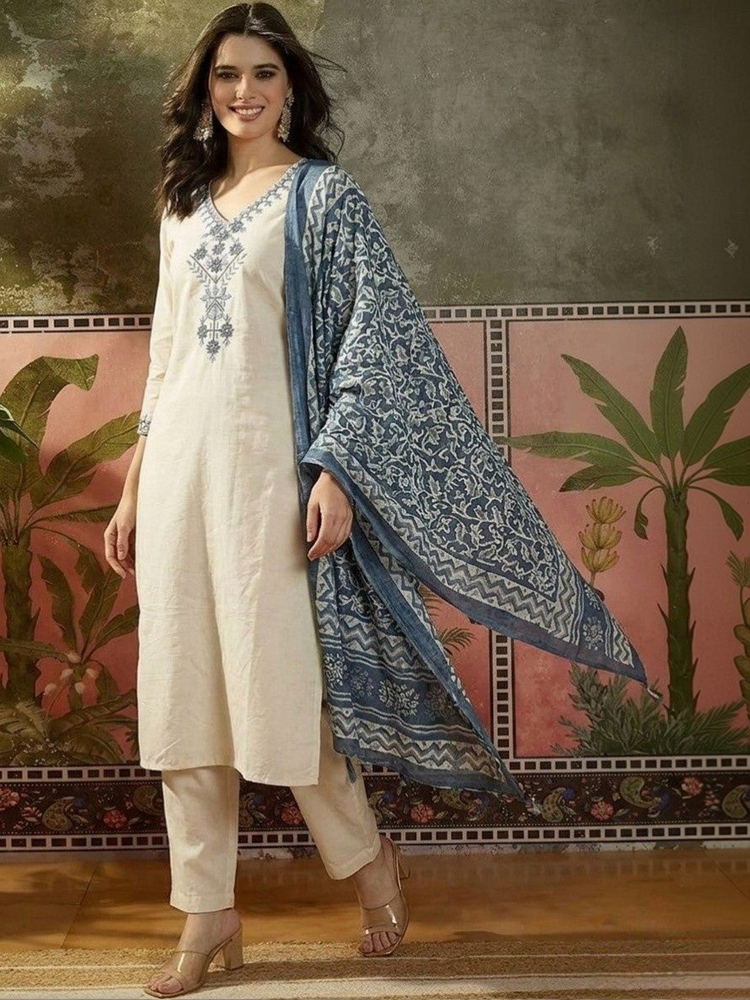 Embroidered Pure Cotton V-Neck Kurta & Trousers With Dupatta