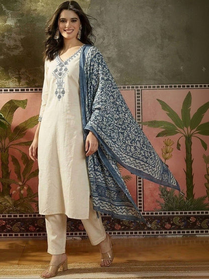 Embroidered Pure Cotton V-Neck Kurta & Trousers With Dupatta