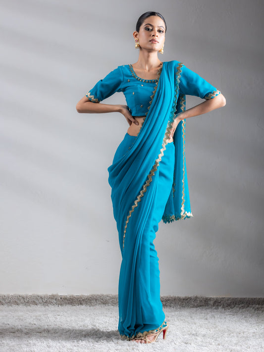 Dhiyona ST Turquoise Sequin Georgette Saree with Blouse Fabric