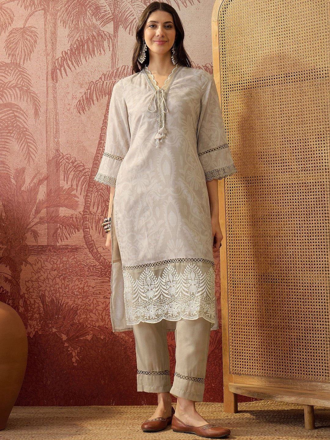 Embroidered Cotton Blend V-Neck Kurta & Trousers Kurta Set