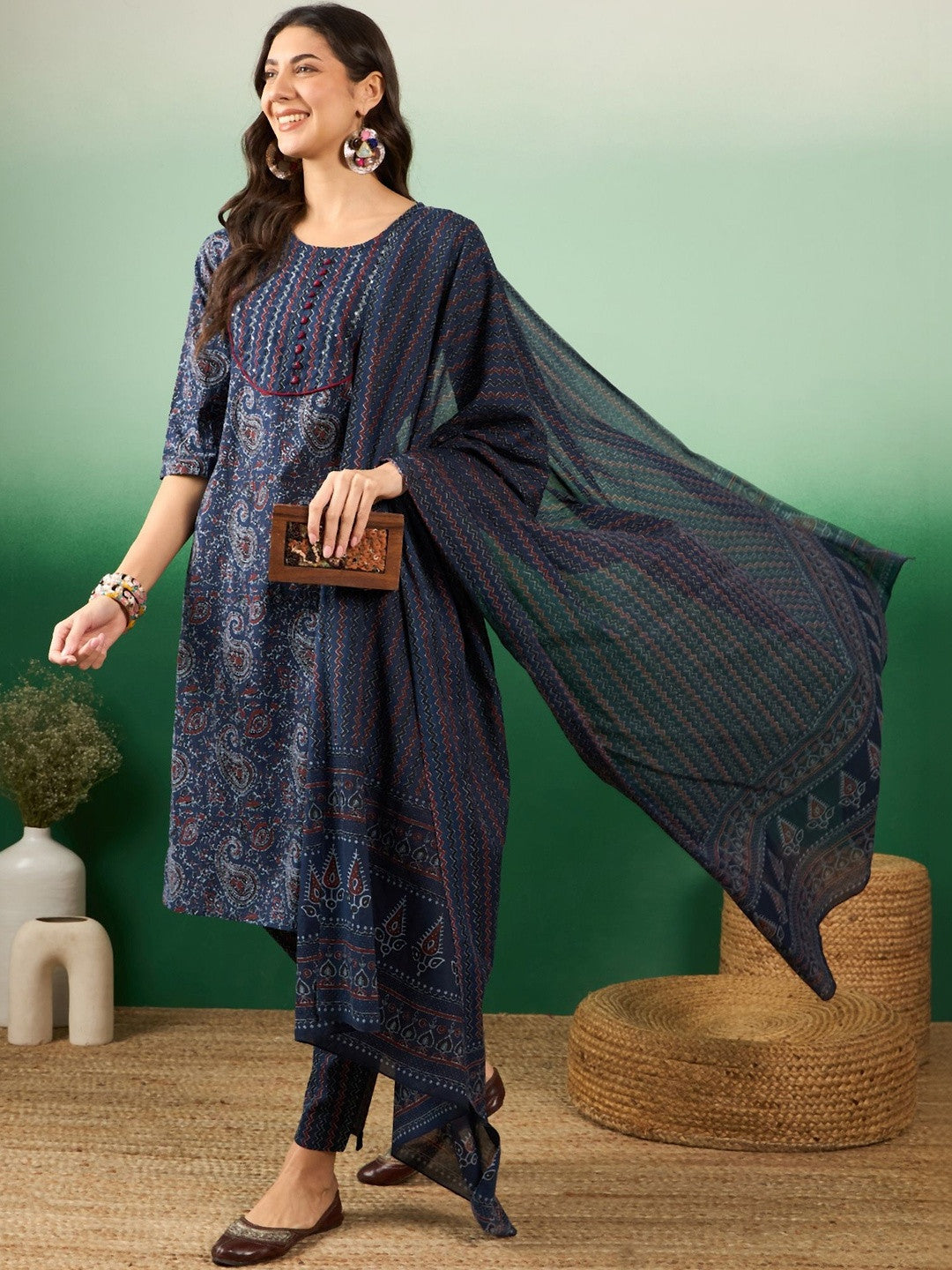 Printed Pure Cotton Round Neck Kurta & Trousers Kurta Set