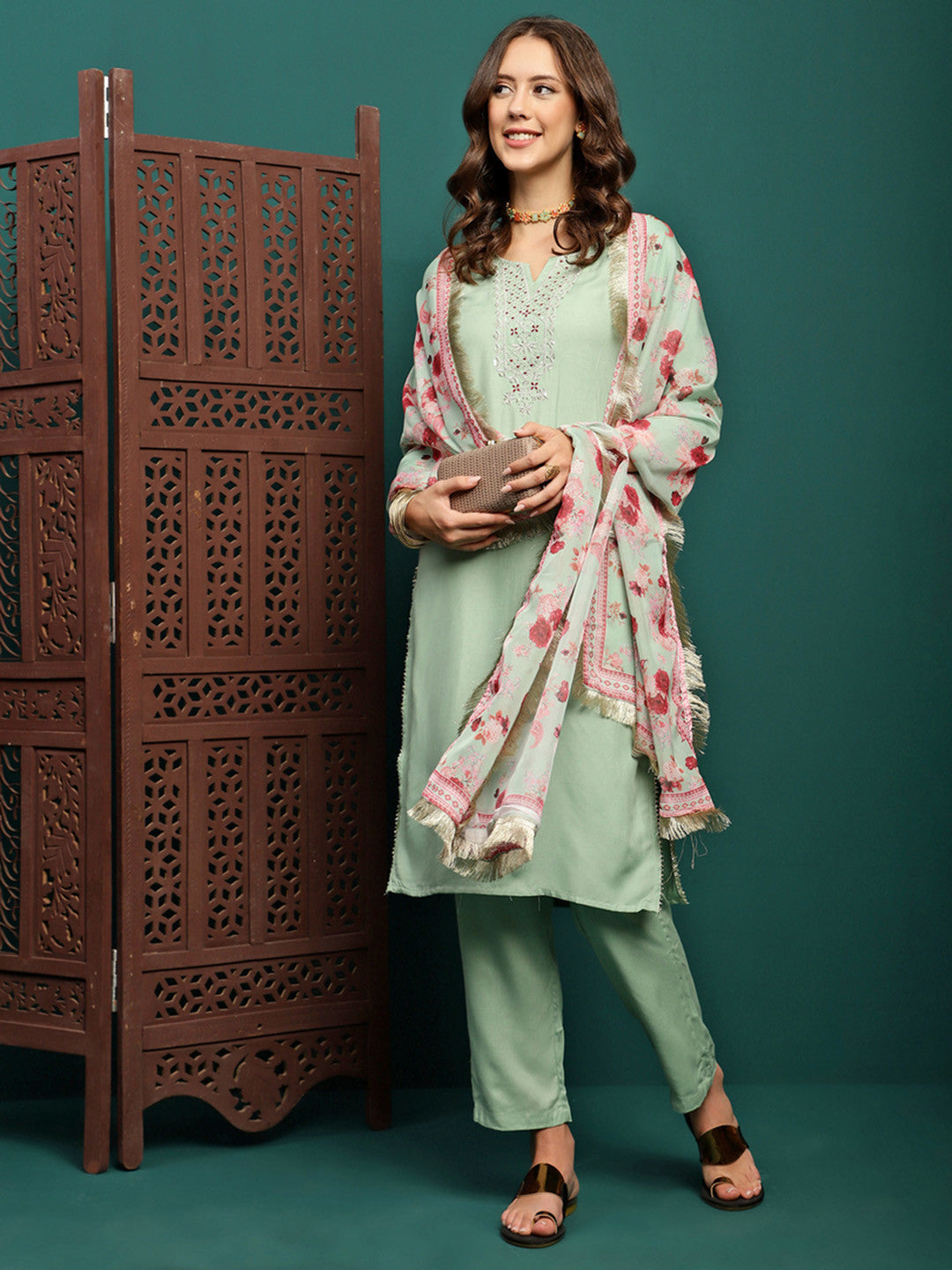 Floral Embroidered Kurta & Trouser With Dupatta