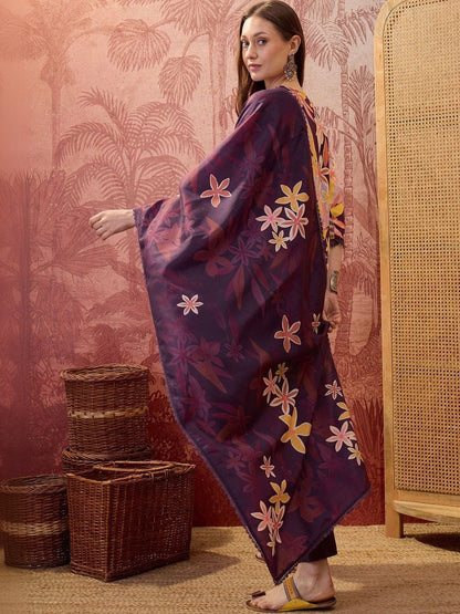 Floral Printed Round Neck Lace Hem Kurta & Trousers With Dupatta