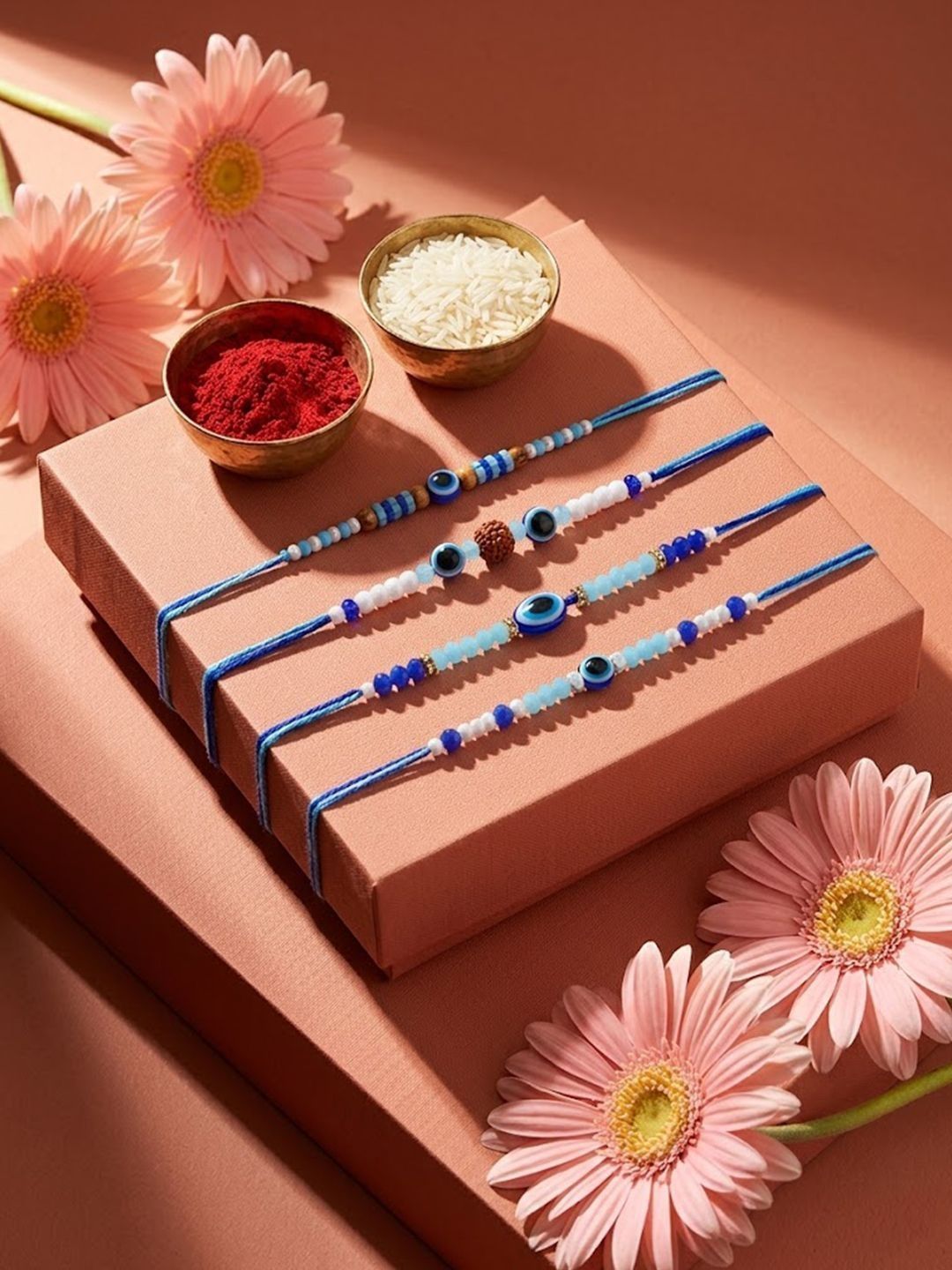 Dhiyona Set Of 4 Blue Evil Eye Thread Rakhi With Roli Chawal Chandan Mishri