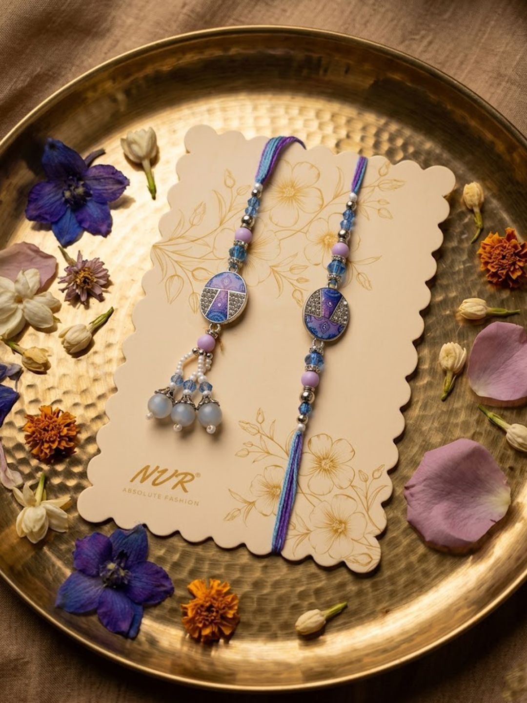 Dhiyona Set Of 2 Purple Artificial Beads Traditional Bhaiya Bhabhi Rakhi With Roli Chawal
