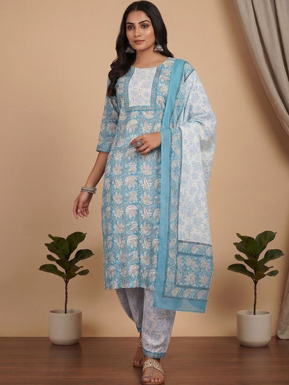 Blue Women Floral Printed Regular Kurta with Patiala & With Dupatta