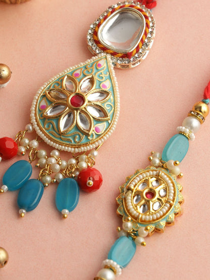 Dhiyona Bhaiya Bhabhi Kundan Studded Enameled Thread Rakhi With Roli Chawal & Greetings Card