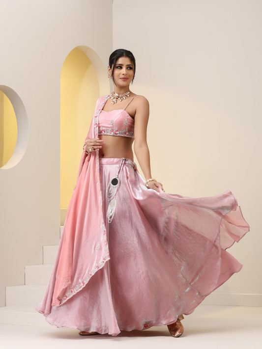Dhiyona ST 3 pc SET - Pink Blue Metallic Satin Lehenga with Hand Embroidered Cut Dana Blouse Fabric and Dupatta