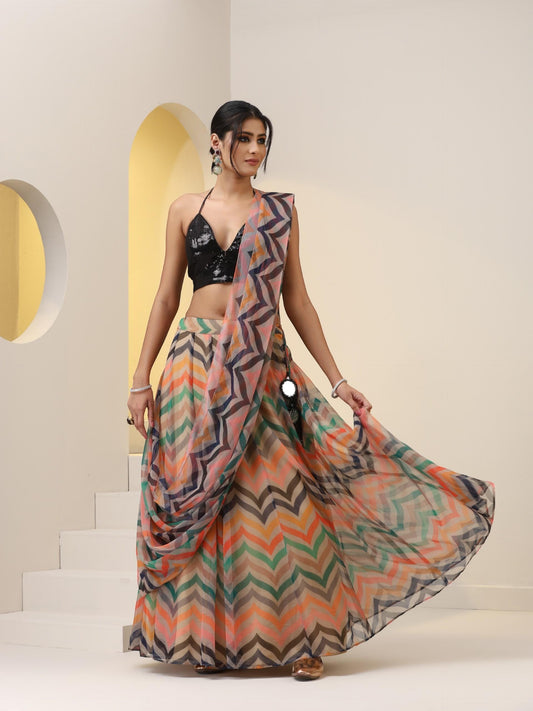 Dhiyona ST 2 Pc SET - Crayon Chevron Chiffon Skirt Saree with Pallu and Black Sequin Blouse